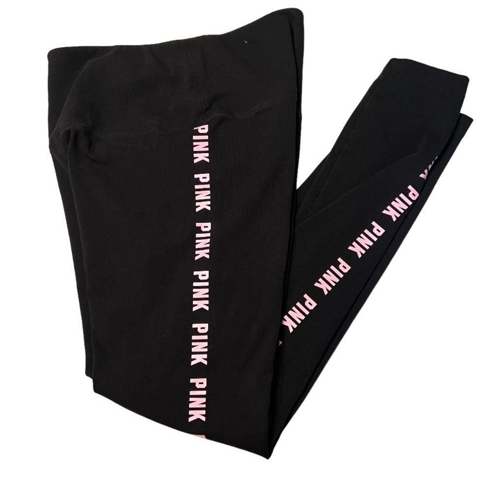 PINK by Victoria Secret High Waisted Black Leggings PINK Logo on sides SZ Small